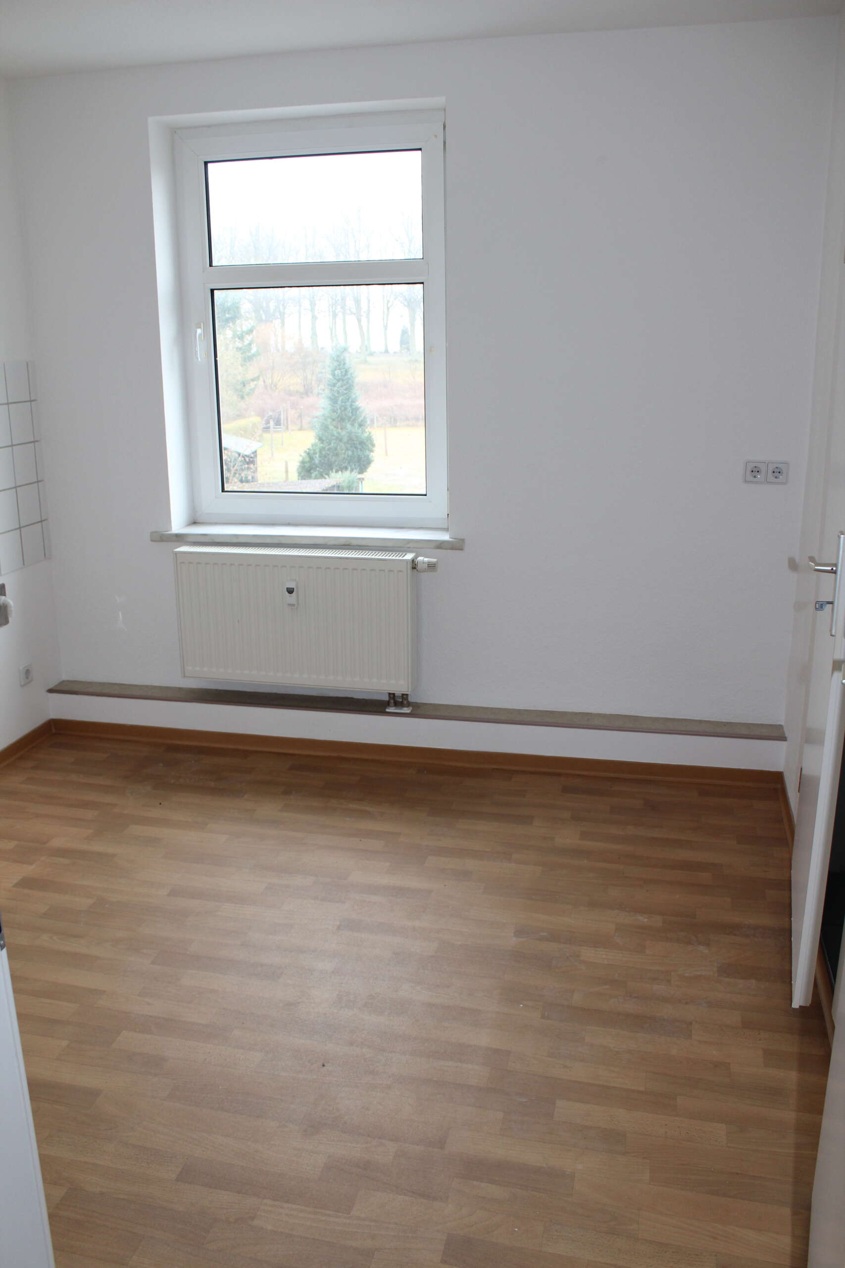 Leeres Zimmer mit Laminatboden, Fenster und Heizkörper, Blick auf Gartenlandschaft.