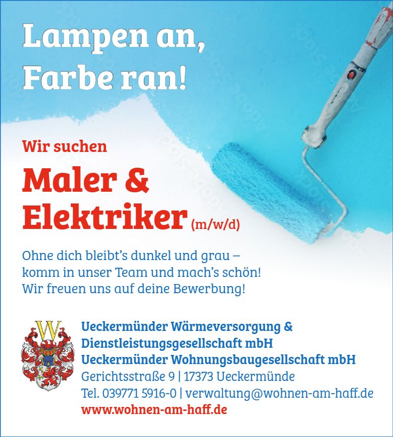 Stellenanzeige für Maler und Elektriker in Ueckermünde, blaue Farbrolle auf weißem Hintergrund.
