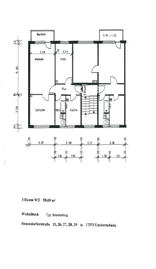 Grundriss einer 3-Zimmer-Wohnung, Typ Brandenburg, 58,69 m², in Ueckermünde mit Balkon, Küche und Bad.