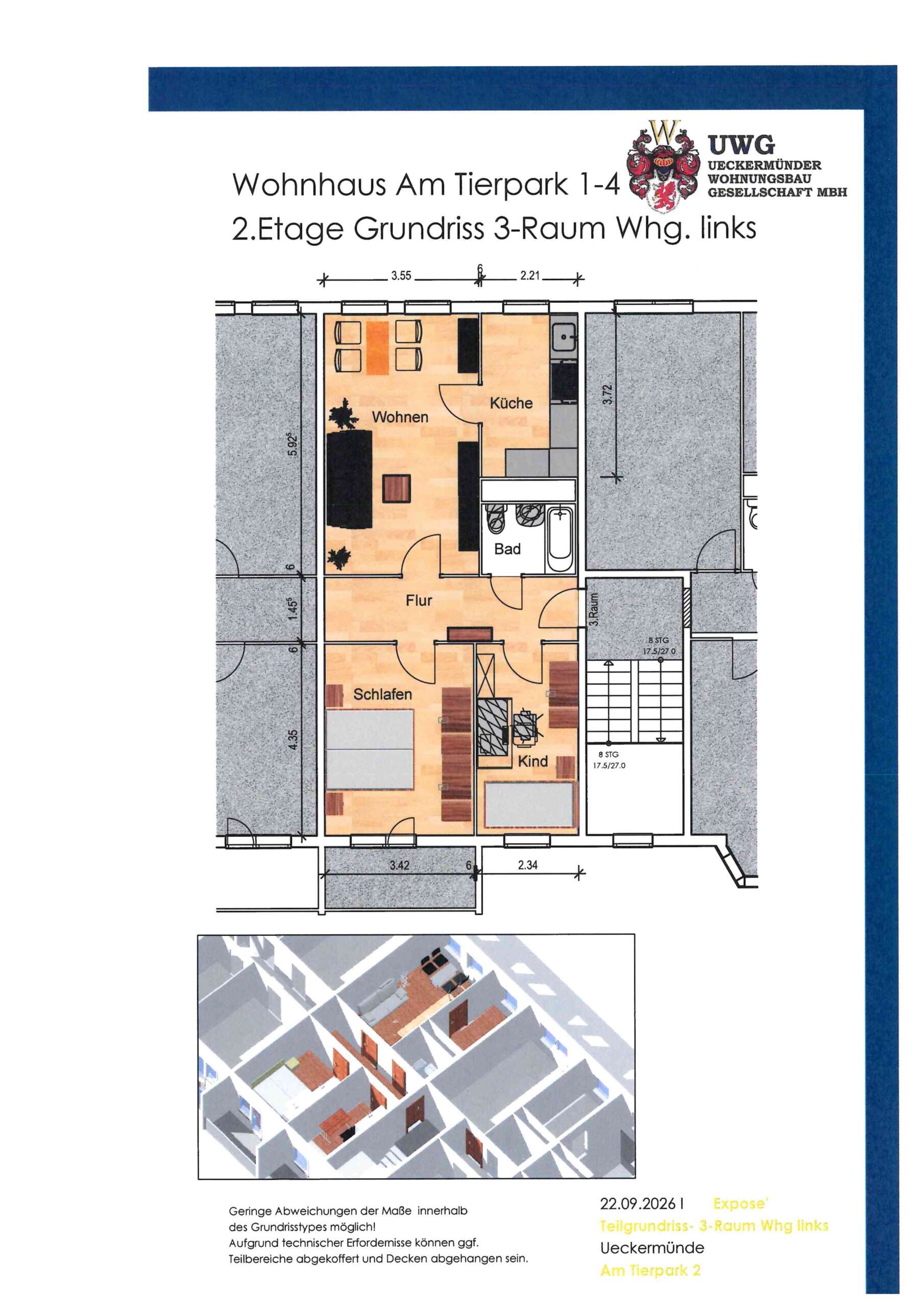 Grundriss einer 3-Zimmer-Wohnung am Tierpark, 2. Etage: Wohnzimmer, Küche, Bad, Schlafzimmer, Kinderzimmer, Flur.