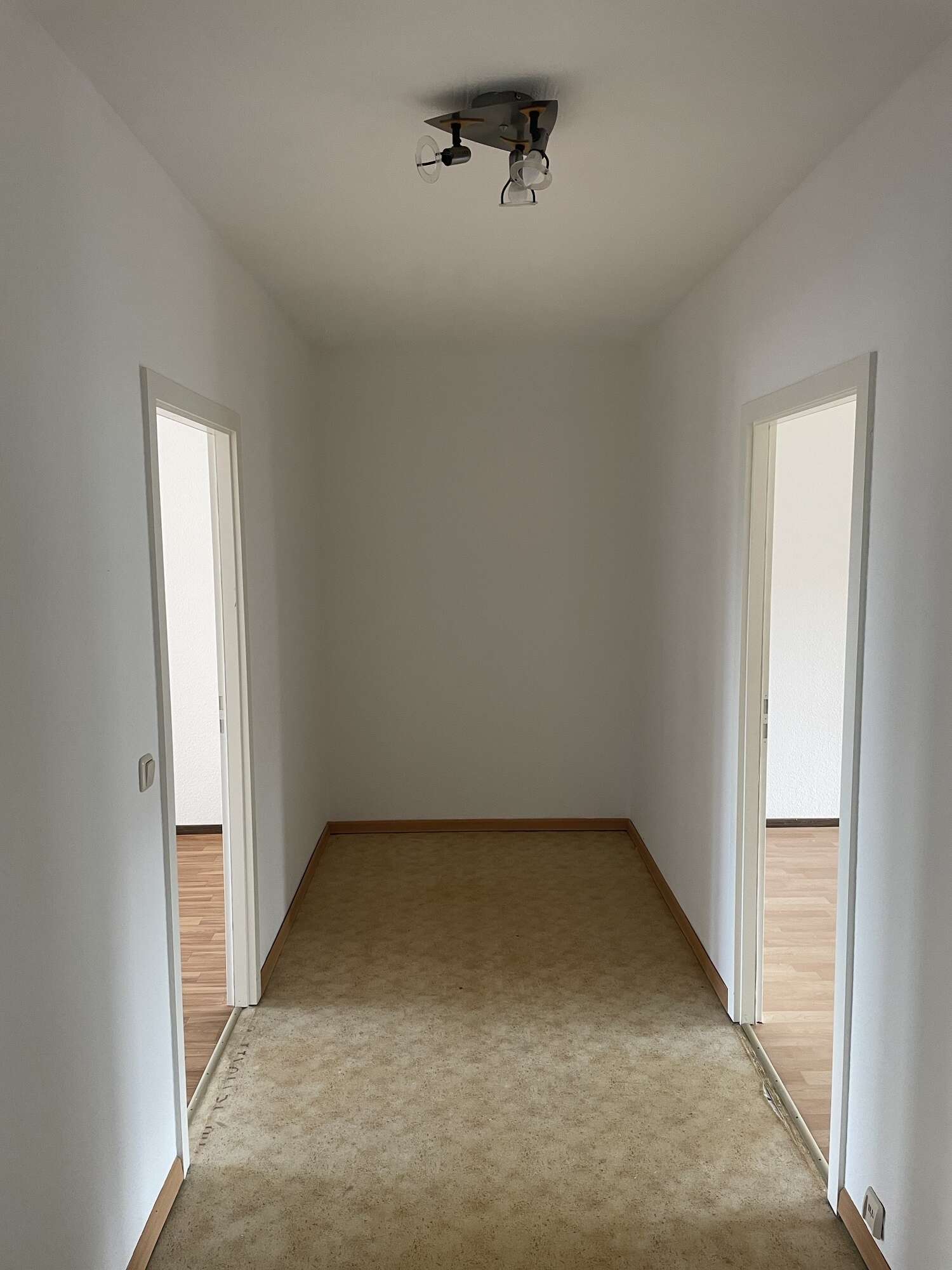 Leerer Flur mit zwei offenen Türen, Teppichboden und Deckenleuchte in einer neutralen Wohnungseinrichtung.