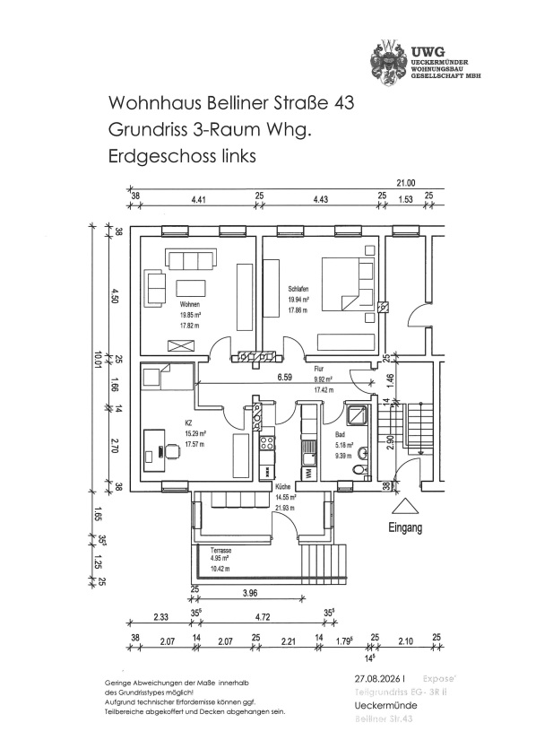 Grundriss einer 3-Raum Wohnung im Erdgeschoss, Belliner Straße 43, mit Wohn-, Schlaf-, Kinderzimmer, Küche und Terrasse.