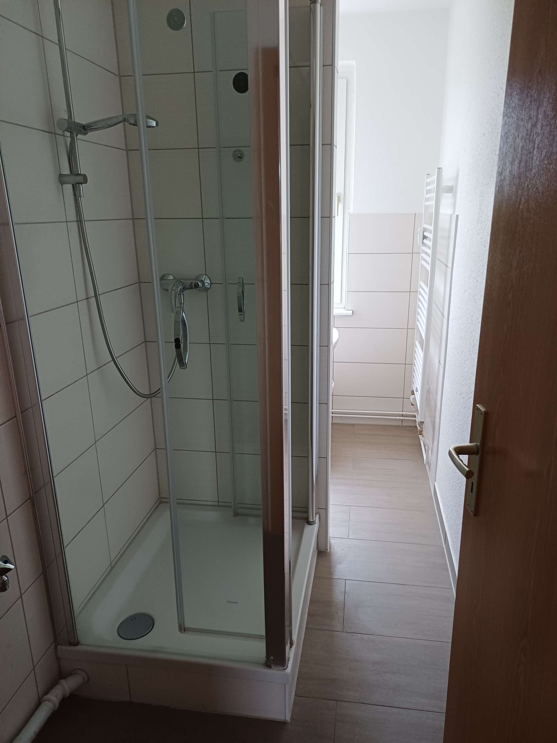 Kleine Dusche mit Glastür in einem schmalen, hell gefliesten Badezimmer mit Handtuchheizkörper.