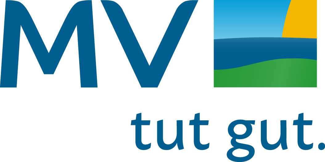 Logo von MV tut gut. mit Sonne, Wasser und Landschaft in Blau, Gelb und Grün.